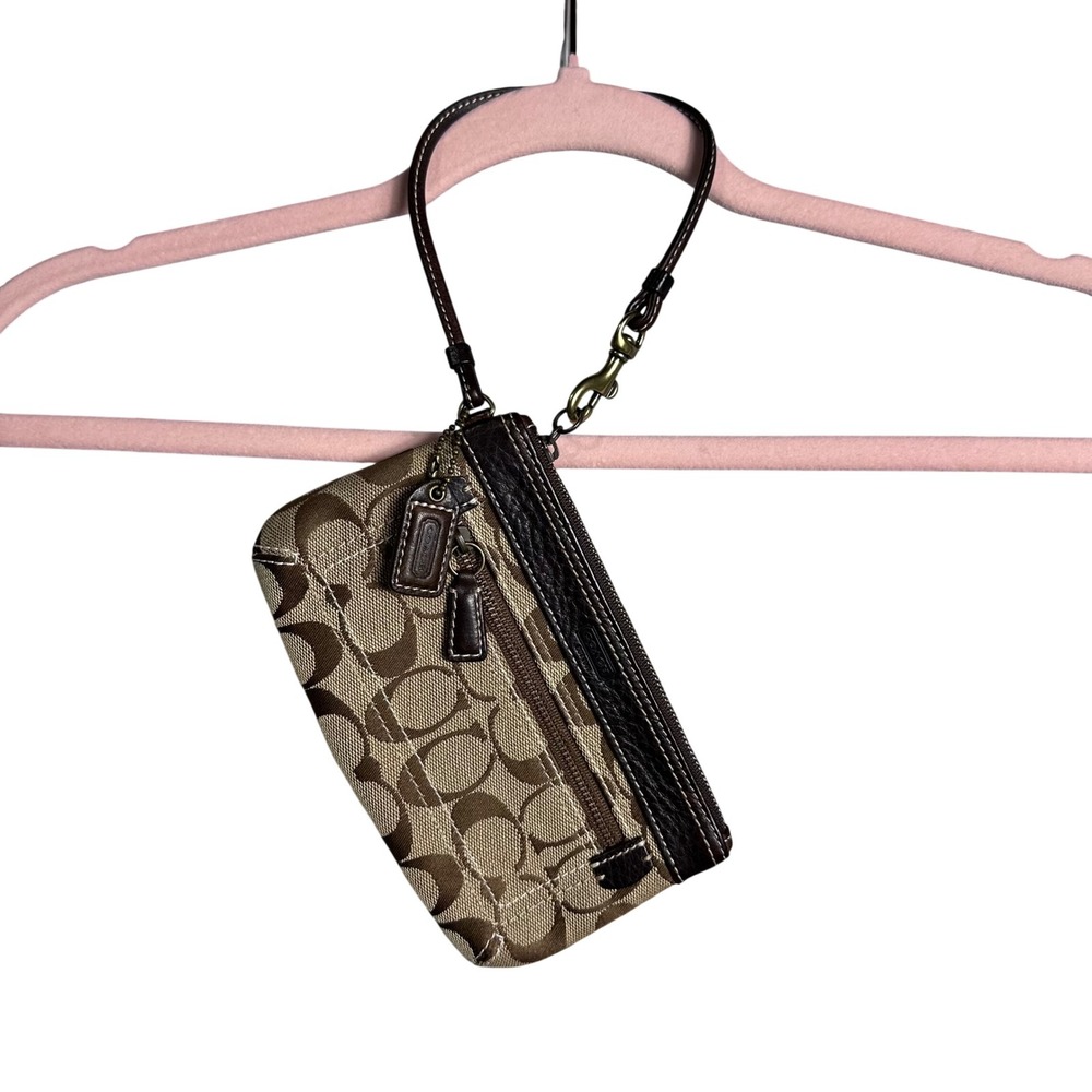 Coach Signature Monogram Canvas Wristlet Brown‎ Leather Trim Small Bag 2343